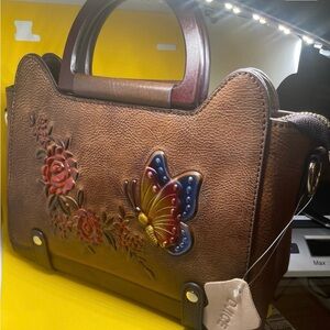 Brown Floral Embossed Butterfly Satchel